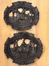 Vintage Black Chalkware Horse Wall Plaques Pair 18x15 Heavy Gothic Plaster Art picture