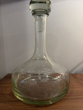 Vintage Etched Glass Decanter Floral Wheat Design Green Base w/ Stopper MCM picture