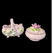 Vintage Pink Ceramic Trinket Box and Basket Set Porcelain Roses Made in Japan picture
