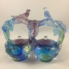 Liuli Crystal Glass Couple Birds Tea Pot Sculpture – Feng Shui Harmony Decor picture