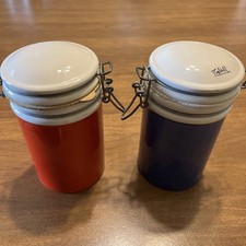 Vintage Red Blue Baldelli Italian Pottery Canisters Set of 2 Jars with Wire Lids picture