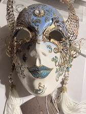 La Gioia Handmade Hand Painted Venetian Wall Mask Gold White Blue Italy Venice picture