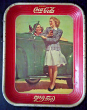 VTG 1942 COCA COLA METAL TRAY TWO WOMEN WITH CAR ADVERTISING picture