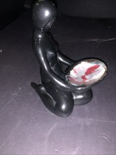 Black Ceramic Figurine African Native Semi-Nude Female Holding A Bowl picture