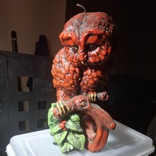 1970s Vintage Molded Wax Owl Candle Perched on Tree Branch Holly Berries Unlit picture