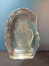 Vintage cut and frosted art glass paper weight featuring Praying Hands picture