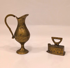 Vintage Miniature Brass Lot: Etched Pitcher Ewer & Brass Charcoal Iron Figurine picture