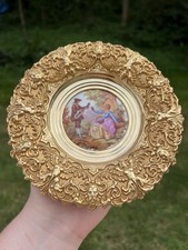 VTG French Rococo Hallmarked Brass Limoges Porcelain Signed Cameo Wall Plaque picture