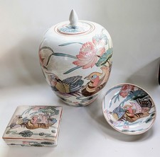Vintage 3-Pc Dynasty Heygill-HFP Macau Porcelain Set Mandarin Ducks & Lily Pads picture