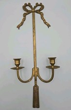 Vintage French Brass Candle Wall Sconces Bow And Tassels 19