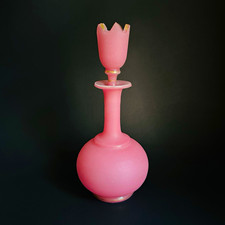 Pink Opaline Bristol Style Satin Glass Decanter Tulip Stopper Gold Gilt 9.5” picture