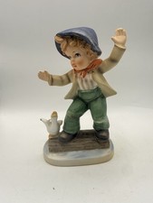 Vintage Japan Boy With Goose Duck Porcelain Figurine Blue Hat 6” MCM * picture