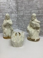 Vintage Nativity Iridescent Pearl 22kt Gold Accents Ceramic Mary Joseph Jesus picture