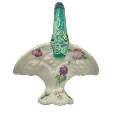 Vintage Fenton Milk Glass Mini Basket Spruce Green Handle Hand Painted Signed picture