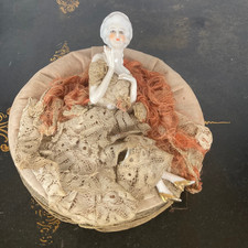 Vintage French Porcelain half-doll on a lace-covered lidded box picture