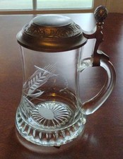 Vintage Quist Etched Glass Beer Stein With Pewter Tipping Lid Bought 1977 READ picture