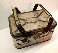 1920's 1930's Metal Package Corp Double Handled Tin Lunch Box Pail Picnic Tin picture