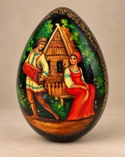 Vintage Russian Hand Painted Lacquer Wood Egg Folk Art Accordion Couple Signed picture