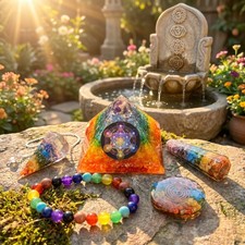 7 Chakras Orgone Pyramid Gift Set (5 Pieces) Rainbow 7 Stone Crystal Resin Reiki picture