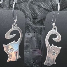 Vtg Mexico Sterling Silver Cat Earrings Dangle Drop Anthropomorphic Figural 5g picture