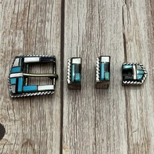 Native American Sterling Silver Inlay Turquoise MOP Onyx Ranger Belt Buckle Set picture