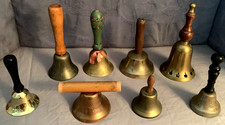Great Lot 8 Vintage Wood Handled Bells Many Designs & Sizes picture