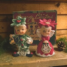 Vintage Christmas Poinsettia Girl Holly Boy Napco Salt & Pepper  1956 W/Box  picture
