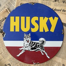 VINTAGE 1959 HUSKY MOTOR OIL GASOLINE 12 INCH PORCELAIN ENAMEL SIGN picture
