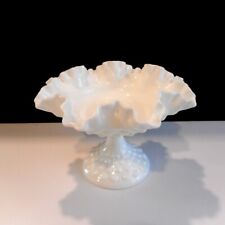 Vintage Fenton White Hobnail Milk Glass Compote Pedestal Candy Dish Crimped picture