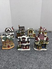 VTG Christmas Village 7 Pc Lot. 4”-5.5” School House Restaurant Toy Store Tavern picture