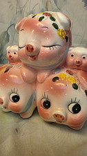 Vintage Enesco Pig Family Bank Ceramic 4 Slot Piggy Pink Kitsch Sonsco MCM Style picture
