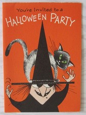 Vintage Unused Halloween Party Invitation Card Witch Black Cat picture