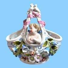 Antique European Porcelain CHERUB inside a Floral BASKET Ribbons Love Birds READ picture