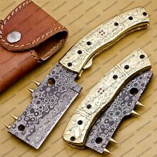 Custom Hand Made Damascus Steel Folding Pocket Knife Hunting knife Brass Handle picture
