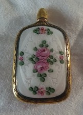 Antique Pink Rose Flower Guilloche Enamel Perfume Bottle with Dauber Wand 2.25