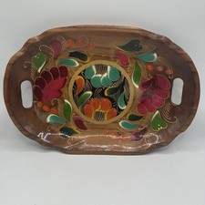 Vintage Mexican Wood Tray Hand Painted Floral Farmhouse Folk Art Oval 13