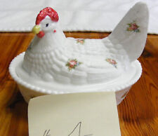 MILK GLASS COVERED CHICKEN DISH HANDPAINTED & DECORATED WESTMORELAND MOULD ROSES picture