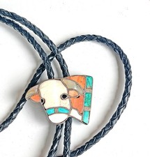 Vintage Zuni Bolo Tie Attributed to Lincoln & Helen Zunie Inlay Hereford Steer picture