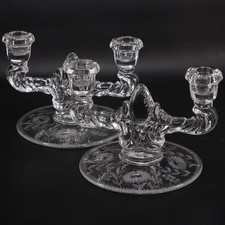 Martinsville Teardrop 4457 Etched Glass Double Candle Holder Floral Vintage 1938 picture