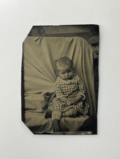 Antique 1800s Tintype Photo Child Checkered Dress Striped Stockings Portrait picture