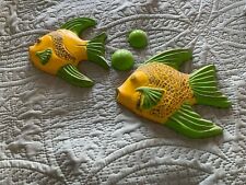 Vintage Yellow & Green Studio Unglazed Chalkware Fish With Bubbles Wall Hangings picture