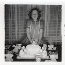 Happy Girl Child Doll Birthday Cake Dress MCM 1960's Photo Snapshot Vtg Party picture