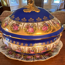 Kuba Porcelain Oval Soup Tureen 4 pt Blue/Gold w Lid Underplate Handles picture