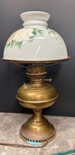 Brass Duplex Kerosine Oil Lamp With Hand Painted Shade Electrified Has Dent picture