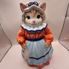 Vintage Ceramic Anthropomorphic Cat Cookie Jar Bonnet Apron Orange Blue Baker picture