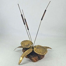 Vintage Mid Century Brutalist Brass Cattail lily pad leaves On Burlwood figurine picture