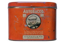 Scarcre 1920s S.S.Pierce *Autobacco” litho oval 1 lb  tobacco tin in good cond picture