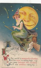 vintage EMBOSSED HALLOWEEN POSTCARD WINSCH 1911 WITCH on BROOM-FULL MOON-OWL picture