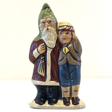 VTG Vaillancourt Folk Art Father Christmas Arm Around Boy Hand Painted Santa USA picture
