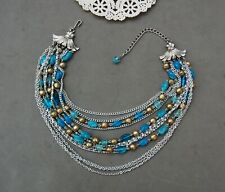 Coro Blue Glass Bead & Gold Faux Pearl Necklace Multi Strand Silver Tone 16-17
